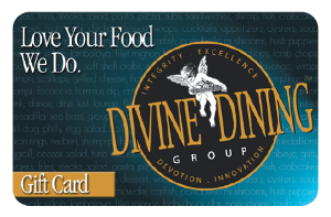 Divine Dining Group logo over a black and blue gradient background with the tagline Love Your Food, We Do.